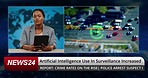 Breaking news, reporter woman and artificial intelligence in tv studio for broadcast, surveillance or monitor. Television, African presenter face and tablet for ai info, danger and traffic on screen