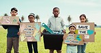 Children group, recycling poster and park with face, vote or opinion for cleaning environment, nature or climate change. Community service, kids and protest sign for earth day, voice or trash in park