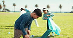 Environment, child and cleaning sport field for community service, sustainability and ecology outdoor. Recycle, boy kid and volunteer for clean energy, garbage and trash, dirt or waste helping hands