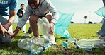 Volunteer man, kids and park for garbage collection, pollution and running race for sustainability. Mentor, guide and children with plastic, trash and cleaning environment with challenge on earth day