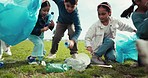 Volunteer man, kids and outdoor for garbage collection game, pollution and running for sustainability. Mentor, guide and children for plastic, trash or cleaning environment for challenge on earth day