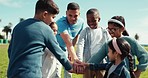 Children, volunteering group and hand stack outdoor for motivation, goals or happy with mentor man. Kids, volunteer coach and together with support, celebration and smile for climate change in nature