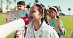 Kids, megaphone and protest outdoor for speech, climate change or group with poster for clean environment. Children, park and cardboard sign for global warming, earth day and shout for sustainability