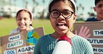 Children, megaphone and together with protest poster, speech or climate change with face for clean environment. Children, park and cardboard sign for global warming, earth day or opinion for future