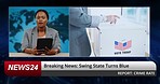 Tv news, reporter woman and vote with election, choice or boxes on screen, communication and democracy. African television presenter, face or tablet for USA voting, decision for government or freedom