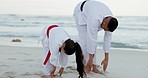 Beach, karate or stretching with father and daughter together outdoor for a self defense workout. Fitness, family or kids with a man parent and girl child getting ready for fight exercise by the sea