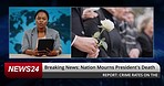 Breaking news, reporter and woman broadcast on tv show for death of president. African journalist on television for announcement of information on tablet for funeral, grief or mourning loss of leader