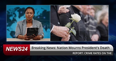 Breaking news, broadcast and woman at funeral of soldier for military ...