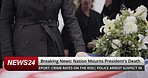 Breaking news, broadcast and woman at funeral of soldier for military, mourning and veteran memorial. American flag, coffin and media headline, report and president announcement for army return on tv