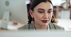 Business woman, face and reading computer for email, online information and internet research in office. Young employee working at desktop to review administration, digital software and web planning 