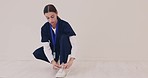 Hospital, nurse and woman tie shoes ready for medical service, consulting and wellness in clinic. Healthcare, doctor and person tying lace for walking to surgery, consultation room and patient care