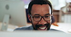 Smile, businessman and computer with glasses reading email, report or internet scroll with happiness. Vision, professional and employee in office on pc with technology for information or insight