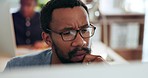 Confused, businessman and reading on computer in office with email, communication or feedback in online report. Black man, thinking and doubt for a project decision or problem solving challenge