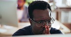 Man, worry and hands on face, closeup and overwhelmed in office, frustrated and anxiety. Black person, glasses and lost in business, disappointed and annoyed by doubt, thinking on problem at work