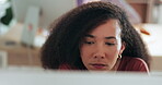 Laptop, face and a business black woman reading an email in her office for communication or networking. Computer, website or information with a young employee working on an online report at her desk