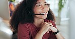 Woman, computer and consulting in call center for customer service, sales advisory and CRM questions. Happy telemarketing agent working at desktop for telecom support, FAQ communication or IT contact