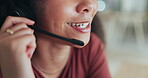 Mouth of woman, telemarketing and communication in call center for customer service, advisory help or CRM questions. Closeup, face and microphone of receptionist for telecom offer, FAQ and IT contact