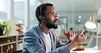 Black man, online communication and consulting in call center for customer service, CRM and working late in IT support. Telemarketing salesman at help desk for virtual solution, contact and questions