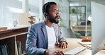 Call center, customer support and black man with computer in office consulting in faq, crm or contact us. Telemarketing, communication and guy lead generation consultant online for virtual assistance