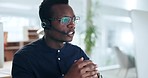 Black man, computer and online consulting in call center for customer service, sales advisory or CRM questions. Telemarketing agent, salesman and virtual contact for telecom offer, FAQ or IT solution