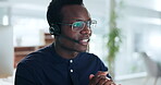 Black man, communication and online consulting in call center of customer service, advisory or CRM questions. Telemarketing support, salesman and virtual contact for telecom offer, FAQ or IT solution