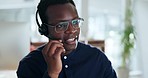 Black man, communication and consulting in call center for customer service offer, telecom advisory and CRM questions. Salesman, telemarketing contact and IT help desk for advice, FAQ and web support