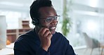 Black man, smile and communication in call center for customer service, telecom advisory and CRM questions. African salesman, telemarketing contact and help desk for virtual advice, FAQ or IT support