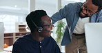 Call center men, coach and training by computer, office or helping for advice, motivation or support. African manager, leader or mentor for growth, laughing together and talk at telemarketing agency