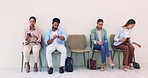 People, recruitment queue and waiting room for interview, check time and leaving from chair at workplace. Man, women and line for hiring opportunity, job or thinking with clock, tech or bag at office