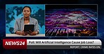 Breaking news, reporter woman and artificial intelligence on television, studio or broadcast for fear of job loss. TV journalist, African presenter face and tablet for ai info, danger or unemployment
