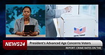 Tv news, reporter woman and studio for election, results and boxes on screen, freedom and democracy. African television presenter, face and tablet for USA voting, choice and decision for government