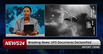 Breaking news, woman reporter and broadcast in tv studio for ufo documents, alien ship or info. Television show, African presenter face and tablet for UAP spaceship, danger or government transparency