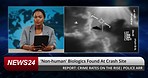 News, reporter woman and broadcast in tv studio for ufo flight, space transportation or disclosure. Television show, African presenter face and tablet for UAP spaceship, danger or alien body at crash