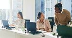 Call center, training and business people teamwork, talking or advice in sales, telemarketing strategy or management. Professional agency, manager and consultant in conversation, planning or feedback