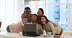 Call center selfie, happy and people in the office for fun, bonding or teamwork. Smile, talking and diversity with customer service employees taking a photo for telemarketing, care or support