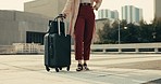 Travel, suitcase and businesswoman walking in city for corporate company or work trip meeting. Bag, luggage and closeup of professional female person standing for transport, cab or lift in urban town.