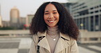 Face, happy and a business black woman in the city for freedom, opportunity or career inspiration. Smile, fashion and building with portrait of a professional employee on a street in an urban town