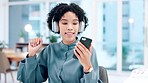 Business, smartphone and woman with celebration, dancing and success with achievement, sound and streaming music. Person, worker or employee with energy, headset or cellphone with motion or promotion