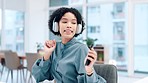 Business, headphones and woman with a cellphone, dance and promotion with achievement, motion or streaming music. Person, consultant or employee with energy, headset or smartphone with audio or sound