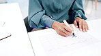 Hands, woman and writing for calendar planning, note schedule or tax reminder in office at work with black marker. Person, professional and planner for diary appointment, business meeting at company