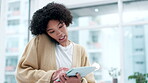 Tablet, phone call and business woman in conversation, multitask and communication in startup office. Technology, smartphone and African professional designer typing, listening to news and research