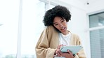 Tablet, phone call and business woman talking, multitask and communication in startup office. Technology, smartphone and African professional designer in conversation, listening to news and research