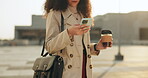 Business woman, phone and coffee in city walking to work, travel information and job networking. Professional worker reading email, social media or mobile blog for carbon footprint or outdoor commute