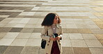 Business, woman and walking on sidewalk in city, cbd and urban travel to office building or morning coffee break . Entrepreneur, commute and walk in town, street or road with person from above