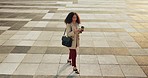 Top view, outdoor and woman with a cellphone, walking and typing with professional, digital app and social media. Person, employee or worker with a coffee, city and smartphone with connection or post