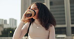 Woman, walking and coffee break in city to relax with calm, energy and peace in urban morning commute or travel. African, entrepreneur and drinking espresso, cappuccino or caffeine on trip to work