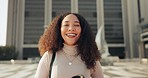 Happy, face and business woman in a city laughing, confident and excited for travel opportunity. Smile, portrait and funny female designer in Amsterdam with good mood, mindset or positive attitude