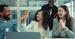 Business woman, high five and applause on laptop for success, celebration and teamwork in marketing sales. Professional people excited, support and congratulations for news, bonus or meeting results