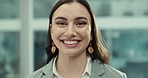 Business woman, happy face and closeup of a lawyer in a office with job pride and confidence at law firm. Staff, employee and professional smile and ready to start working with attorney portrait
