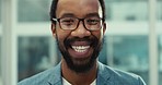 Face, smile and black man with business, professional and office with employee, formal and glasses. Portrait, African person or happy entrepreneur in a workplace, happiness and corporate with eyewear